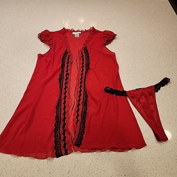 Vintage NEW Private Luxuries Shear Robe M Red Black Lingerie - Picture 1 of 8